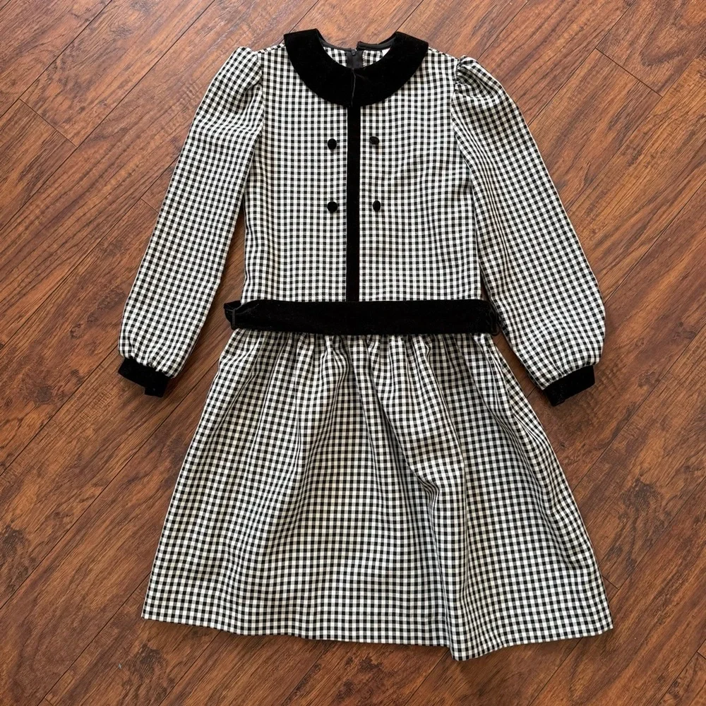 Rare Vintage Black White Gingham Checkered Dress 80s Peter Pan Velvet Collar 12